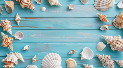 Wall Mural - Seashell frame on blue wooden background with paper Summer vacation backdrop with copy space