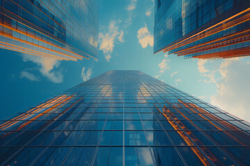 Aufkleber - Focus on a glass skyscraper with other tall buildings in the background, eye-level view,