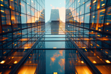 Aufkleber - Glass skyscraper in focus with a backdrop of tall buildings, viewed from eye level,