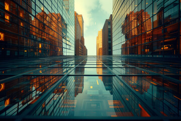 Aufkleber - Eye-level perspective of a glass skyscraper, with other high-rise buildings in the background,