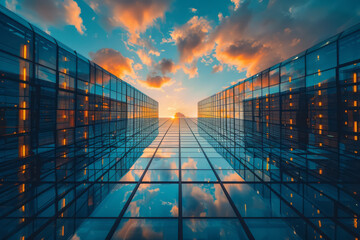 Aufkleber - Glass skyscraper in focus, with a cityscape of tall buildings behind it, eye-level perspective,