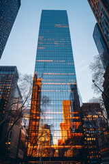 Aufkleber - Eye-level view of a prominent glass skyscraper with surrounding tall buildings,