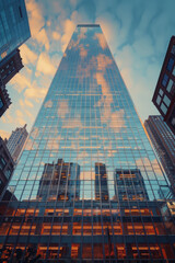 Aufkleber - Eye-level view of a prominent glass skyscraper with surrounding tall buildings,