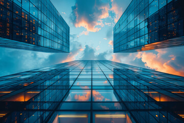 Aufkleber - Focus on a sleek glass skyscraper with a backdrop of high-rise buildings, eye-level perspective,