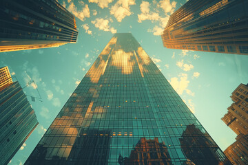 Aufkleber - Focus on a towering glass skyscraper, with a backdrop of high-rise buildings, eye-level shot,