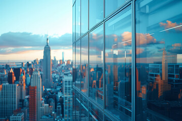 Aufkleber - Eye-level perspective focusing on a glass skyscraper, with a backdrop of high-rise buildings,