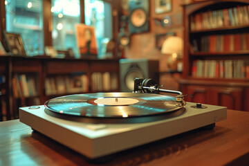 Wall Mural - Focus on a silver vinyl record on a table (centerpiece), with a small speaker beside it,