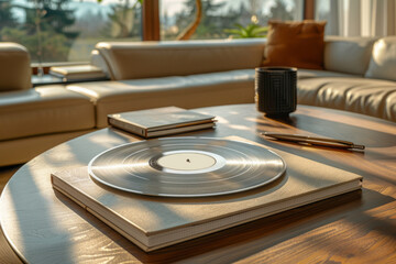 Wall Mural - Silver vinyl record in focus on a table (center), with a notebook and pen next to it,