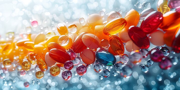 Abstract background with colorful mineral capsules and nutrition supplements
