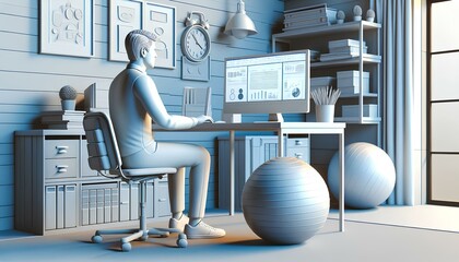 3D illustrator model, person is sitting at a desk with a computer in a home office. There is a stability ball next to the desk.