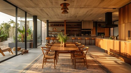 Wall Mural - Modern kitchen and dining room interior with elegant wooden furniture and floor-to-ceiling windows at sunset 