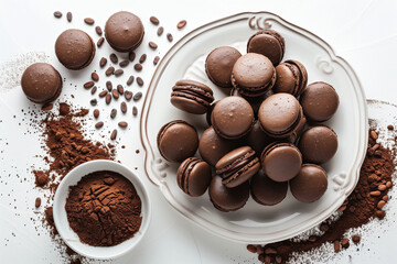 Wall Mural - A plate of chocolate macarons lying next to a bowl of cocoa powder on a white background