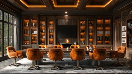 Wall Mural - Luxurious home office with dark wood paneling, a large desk, comfortable chairs, and a blazing fireplace creating a cozy, executive ambiance. 