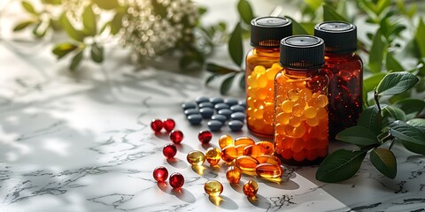 Wall Mural - Vitamin bottles and colorful pills on a white marble surface