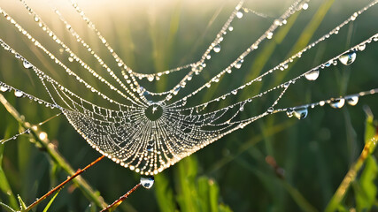 Close-up of dew drops on a spider web glistening in the morning sun. Generative AI