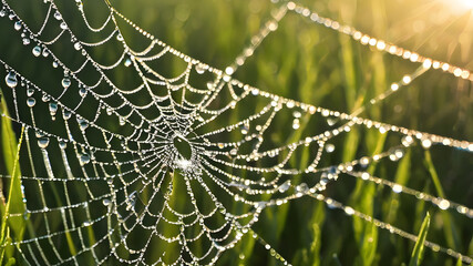 Close-up of dew drops on a spider web glistening in the morning sun. Generative AI