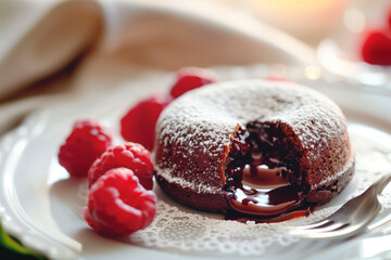 Wall Mural - A delicious chocolate lava cake with a molten center, on a white plate with fresh raspberries