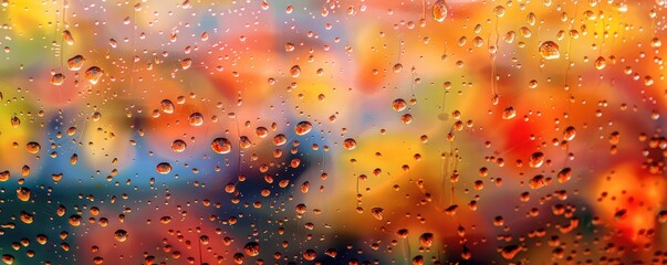 Wall Mural - Background of a wet autumn window with raindrops and colorful foliage blurred in the distance.
