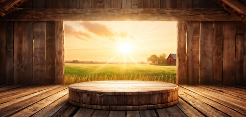 Wall Mural -  Farm wood nature field fruit table product grass garden background stand green food. Nature wood landscape morning farm outdoor sky podium forest stump beauty sun scene platform view beautiful trunk 