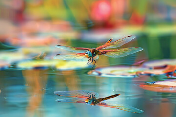 Wall Mural - A dragonfly hovers over a pond, wings a blur, reflecting in the water