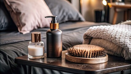 Sticker - Cozy bedroom with neatly arranged bed and bedside essentials.