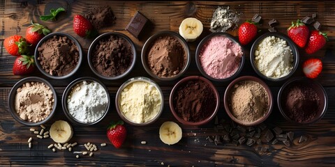 Variety of protein powders and creatine displayed on wooden table with chocolate, banana, strawberry, and vanilla flavors. Concept Food Photography, Health Supplements, Flavors, Creatine