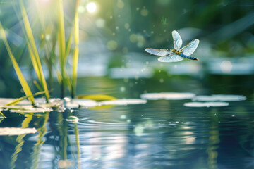 Wall Mural - A dragonfly hovers over a pond, wings a blur, reflecting in the water