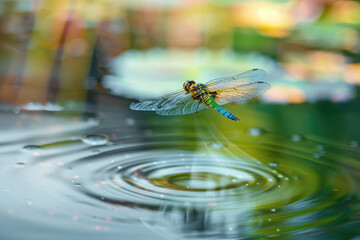 Wall Mural - A dragonfly hovers over a pond, wings a blur, reflecting in the water