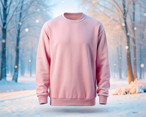 Canvas Print - Mockup of a Blank Pink Sweatshirt on a Blurry Winter Backdrop