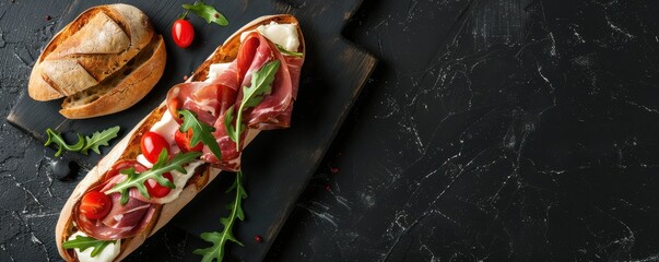 Wall Mural - Baguette sandwich with jamon ham, serrano paleta iberico, fresh vegetables, and herbs on a rustic wooden board. Free Copy space for text.