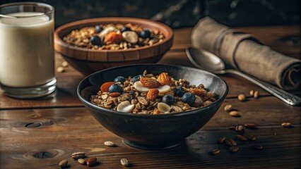 Poster - Bowl of mixed nuts and dried fruits on a wooden table.