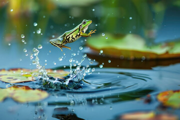 Wall Mural - A frog leaps from a lily pad, mid-air over the water, legs stretched out