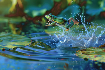 Wall Mural - A frog leaps from a lily pad, mid-air over the water, legs stretched out