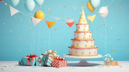 Wall Mural - Birthday party celebration with delicious cake, colorful gifts, vibrant party hats, and festive confetti on a blue background with decorative bunting


