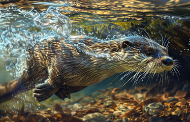 Wall Mural - An otter dives into a river, creating bubbles and ripples