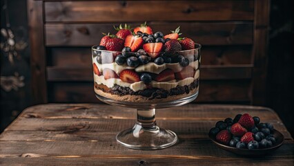 Canvas Print - Layered strawberry trifle dessert in a glass dish.