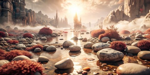 Canvas Print - Tranquil river landscape with smooth stones and misty atmosphere.