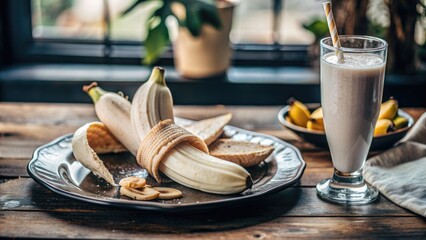 Wall Mural - Freshly peeled bananas served with a glass of smoothie.