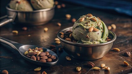 Canvas Print - Bowl of green tea ice cream with pistachios on a rustic table.