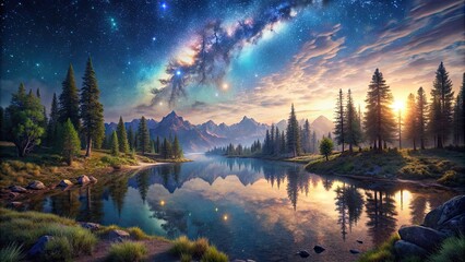 Poster - Tranquil lake surrounded by pine trees and mountains under a starry sky.