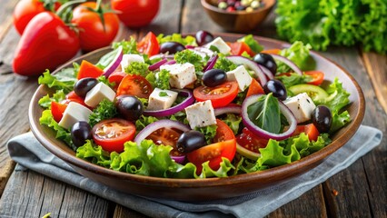 Wall Mural - Fresh salad with tomatoes, cucumbers, and olives on a plate.