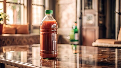 Poster - Refreshing green smoothie in a glass bottle on a wooden table.