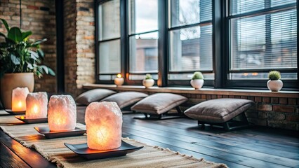 Sticker - Zen-like meditation space with lamps and salt cushions.