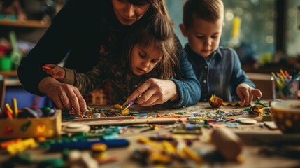 Wall Mural - A family enjoys quality time together, engaging in arts and crafts at a colorful and messy home workstation, fostering creativity. AIG41