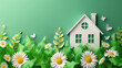 © Nonna - A stylized white house crafted from paper, surrounded by a variety of green paper foliage and white daisies. Set against a vibrant green background. Copy space.