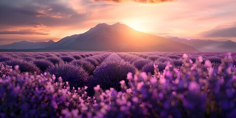 Wall Mural - Sunset Lavender Field with Mountain Scenery. Concept Nature Photography, Landscape Views, Scenic Sunsets