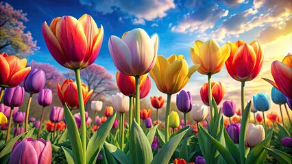 Poster - Colorful tulips blooming under a bright blue sky.