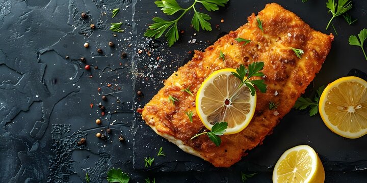 Argentinian Milanesa with Lemon Overhead Shot Using Rule of Thirds Composition. Concept Food Photography, Overhead Shot, Rule of Thirds, Argentinian Cuisine, Milanesa with Lemon