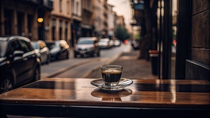 Canvas Print - Espresso cup on an outdoor cafe table in a busy city street.