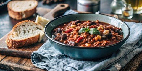 Poster - Bowl of hearty chili with bread on a rustic table.